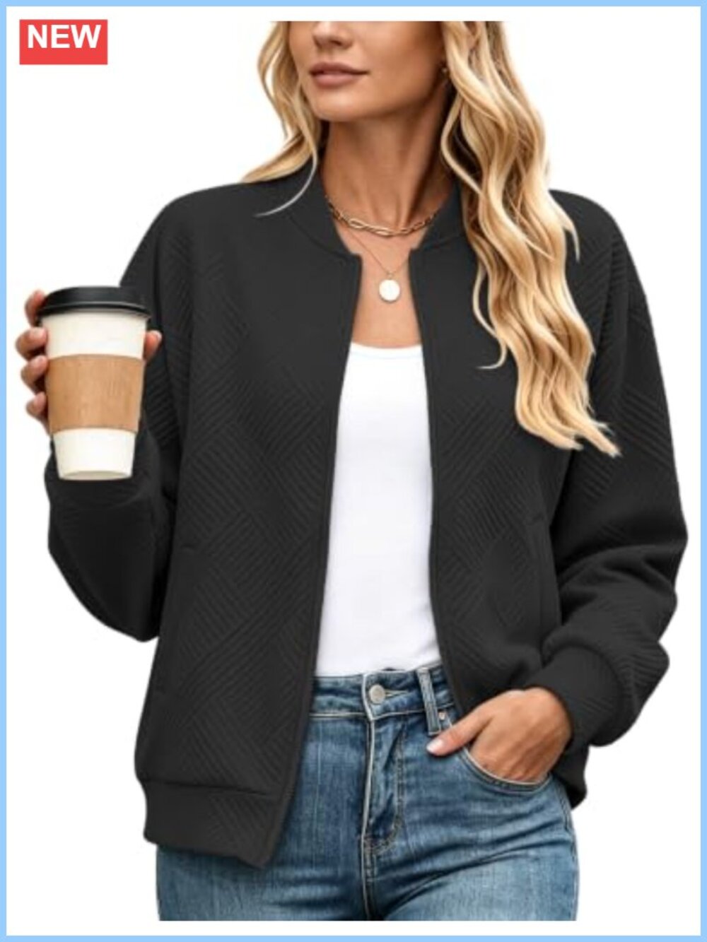 Women's Textured Bomber Jacket Zip Up Loose Fit Casual Fall Coat